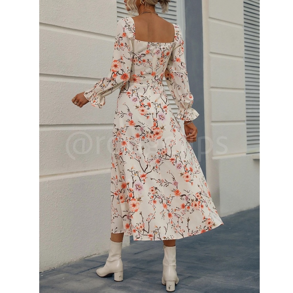 Cream Floral Maxi Dress with Pink & Orange Blossoms - Picture 4 of 10